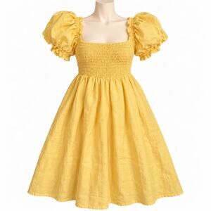 House of Harlow 1960 Yellow Linen Smocked Puff Sleeve Dress Women's M